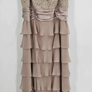 R&M Richards Taupe Layered Chiffon and Lace Evening Dress